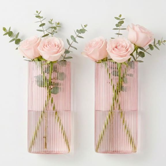2 Pack Pink Glass Wall Vase Set - Modern Farmhouse & Boho Wall Decor for Entryway, Hallway, Bathroom, Living Room, Dining Room, Narrow Spaces