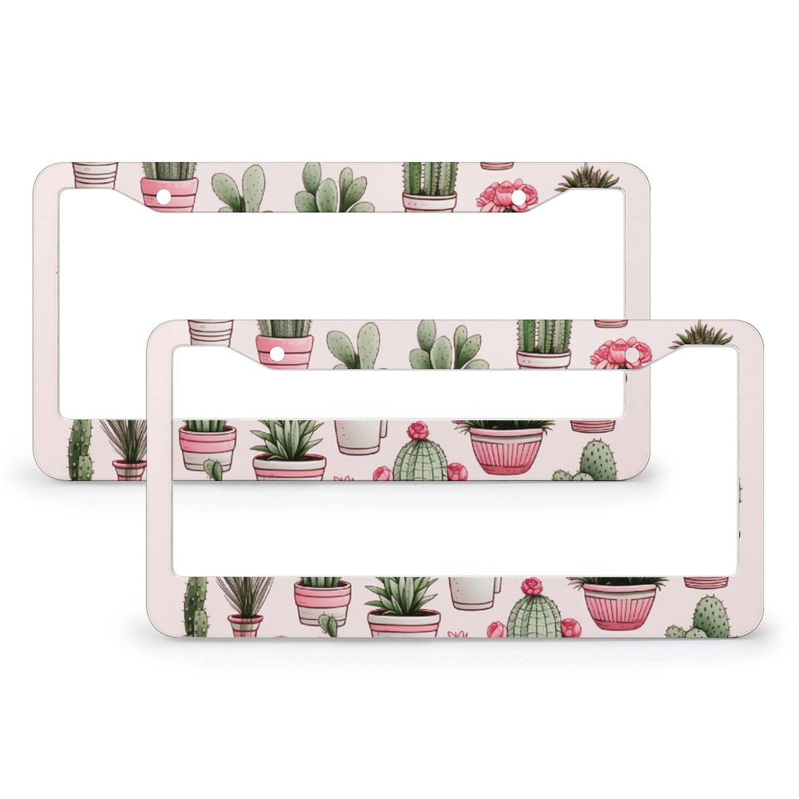 Tropical Cactus License Plate Frame - White Pink Green Flowers, Aluminum, 12.4x6.4 Inches, 2-Hole