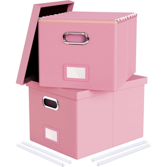 2 Pack Pink Leather File Storage Organizer with Lid - Portable Filing Box for Letter/Legal File Folder Storage