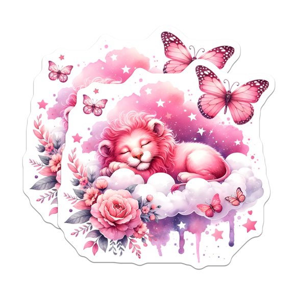 (2 Pack) Pink Lion Magnets - Sleeping Cub on Clouds Decor - Floral Butterfly Refrigerator Accents - Dreamy Nursery Art - 5 Inches On Longest Side - Thick Durable Magnet - Made in USA
