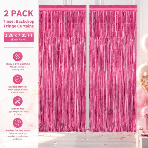 2 Pack Pink Metallic Tinsel Backdrop Curtains, 3.28 FT x 7.05 FT Photo Booth Party Decorations for Birthday and Celebration