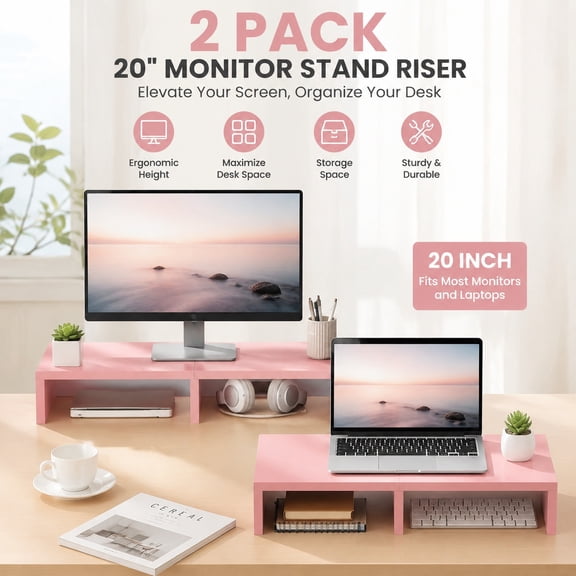 2 Pack Pink Monitor Riser 20L Inch, Cute Wooden Desktop Stand with Storage Organizer for Office PC, Laptop, Printer, Screen Elevation