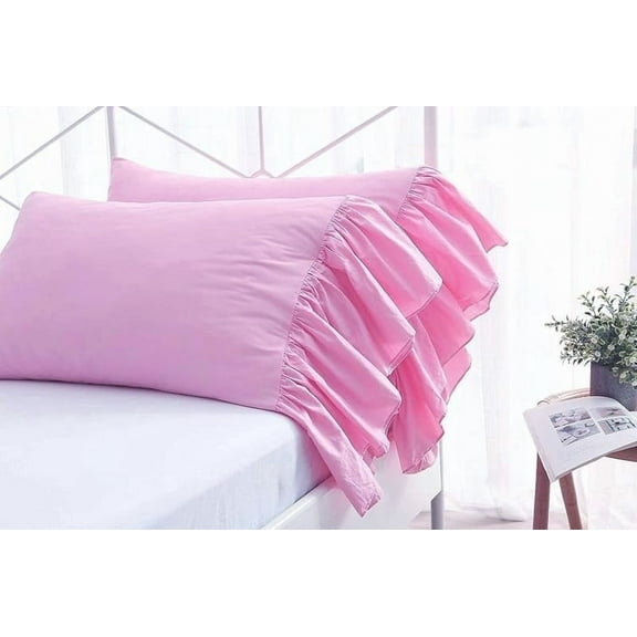 2-Pack Pink Pillow Cases Shams Covers with Long Ruffles Mermaid Fishtail Pure Cotton Queen Size 30”X20 Boudoir