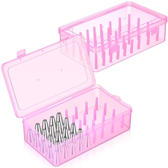 2‑Pack Pink Piping Tip Storage Box, Holds 84 Icing Tips with Fixing Pegs, Plastic Cake Decorating Tips Organizer Case for Baking