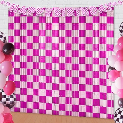 2 Pack Pink Race Car Foil Fringe Curtains (3.28x6.56Ft) - Pink White Checkered Tinsel Streamers Backdrop, Photo Booth Props for Girls Racing Theme Birthday Party Decor Supplies