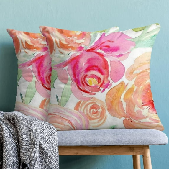 2 Pack Pink Rose Velvet Throw Pillow Covers 18x18, Summer Floral Farmhouse Decorative Square Pillow Covers for Cushion Sofa Home Patio
