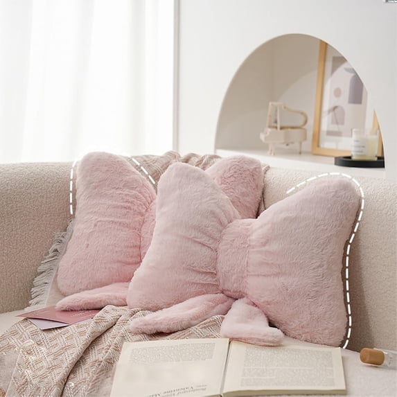 2 Pack Pink Soft Furry Bow Throw Pillows For Bed Couch Living Room Home Decor