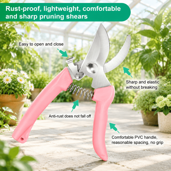 2 Pack- Pink Steel Anvil Garden Pruners For Flower Bushes Roses Fruit Trees