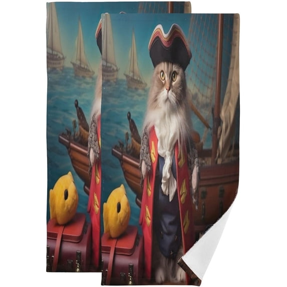 2 Pack Pirate Captain Cat Hand Towels Ultra Soft & Highly Absorbent Bathroom Kitchen Decorative Hand Towels for Bathroom,Kitchen,Shower,Spa,Fingertip Towels 28 x14 Inch Wash cloth