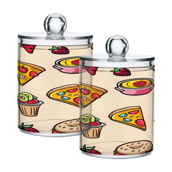 2 Pack Pizza Burger Strawberry Watermelon Qtip Holder Dispenser Clear Plastic Storage Apothecary Jars for Cotton Swabs Balls Pads Floss