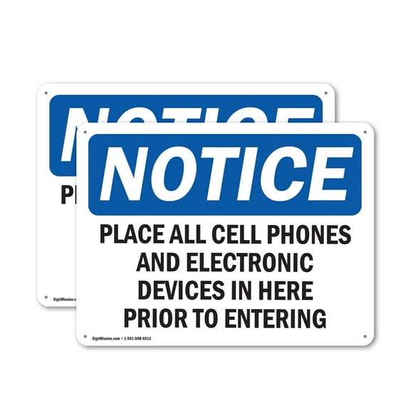 (2 Pack) Place All Cell Phones And Electronic Devices OSHA Notice Sign 18 Inch X 12 Inch Plastic Sign, Weather Resistant, UV Protected for Workplace, Business, and Construction Site,