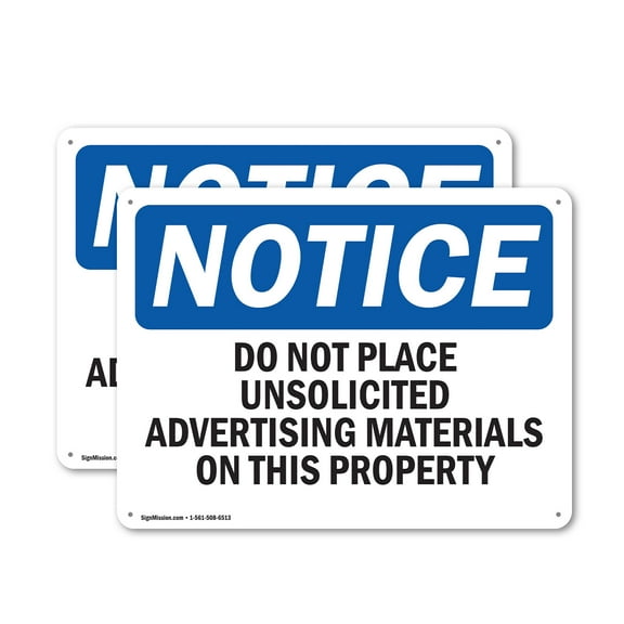 (2 Pack) Do Not Place Unsolicited Advertising Materials OSHA Notice Sign 18 Inch X 12 Inch Plastic Sign, Weather Resistant, UV Protected for Workplace, Business, and Construction Site, Made in the USA