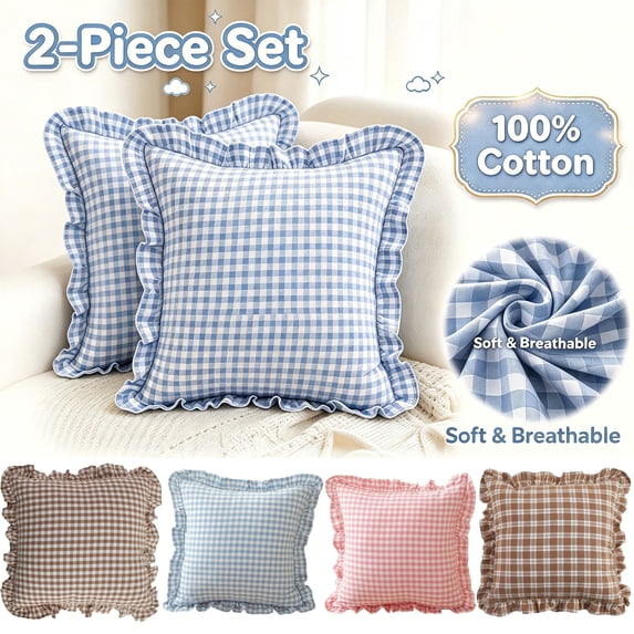 Throw Pillow Covers 18x18 Set of 2, 100% Cotton Farmhouse Plaid Ruffle Checkered Cotton Pillowcases for Bed, Sofa, Living Room, Soft & Breathable, Blue
