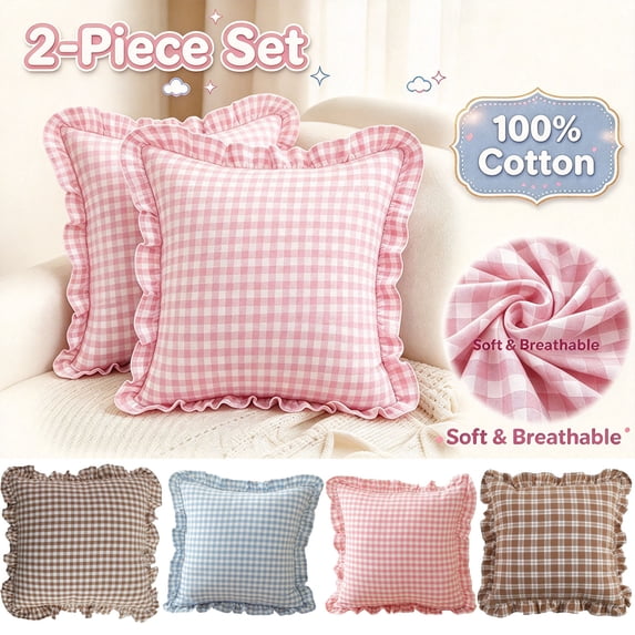 Throw Pillow Covers 18x18 Set of 2, 100% Cotton Farmhouse Plaid Ruffle Checkered Cotton Pillowcases for Bed, Sofa, Living Room, Soft & Breathable, Pink