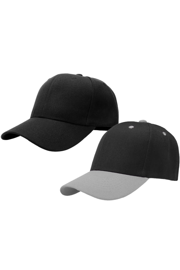 2-Pack Plain Baseball Cap for Men & Women Adjustable Size Outdoor Activities Black & Black/Grey