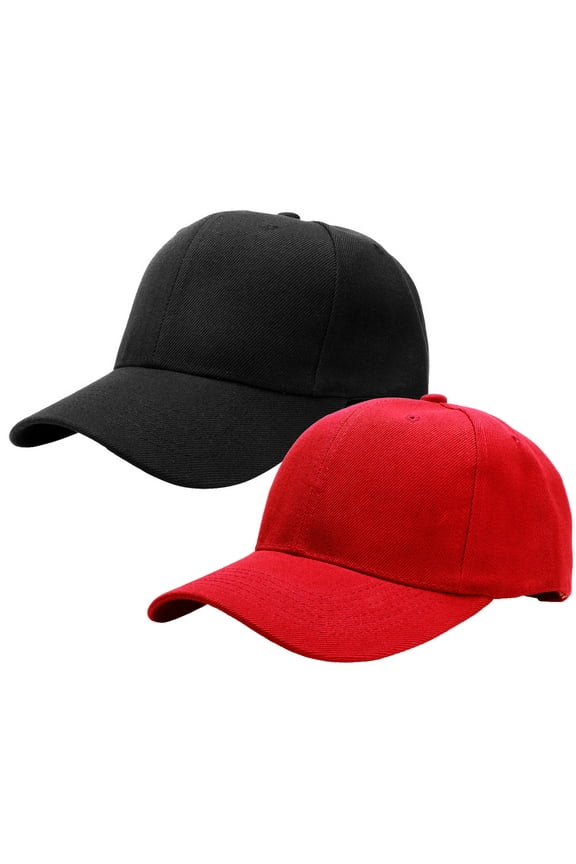 2-Pack Plain Baseball Cap for Men & Women Adjustable Size Outdoor Activities Black & Red