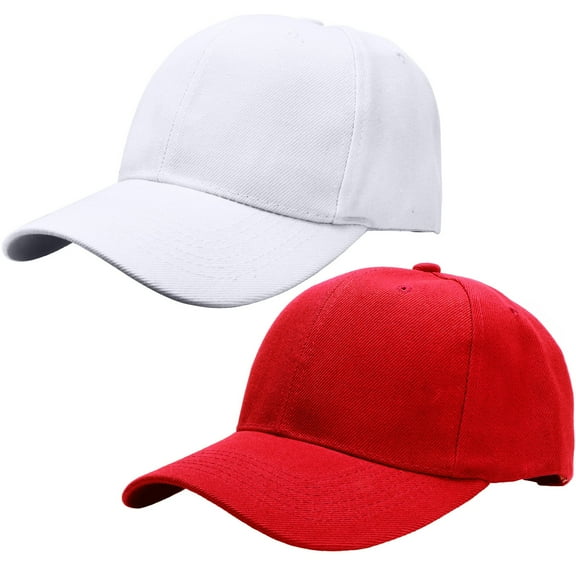 2-Pack Plain Baseball Cap for Men & Women Adjustable Size Outdoor Activities White & Red