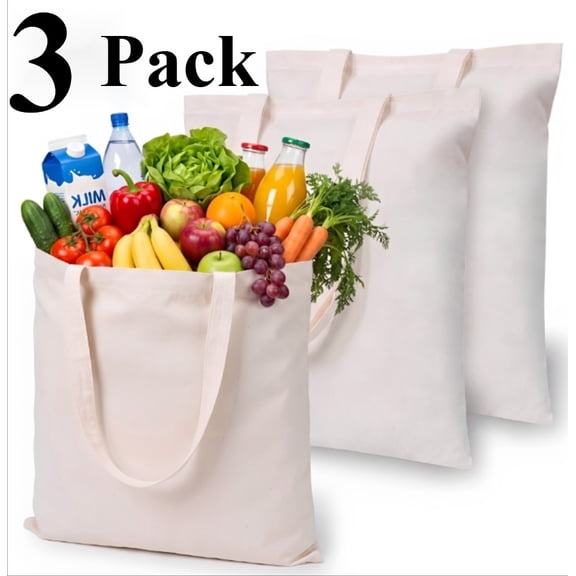 Plain Cotton Cloth Tote Bags, White Blank, 13.7x15.7 Inch, 3 Pcs Reusable Shopping Bags
