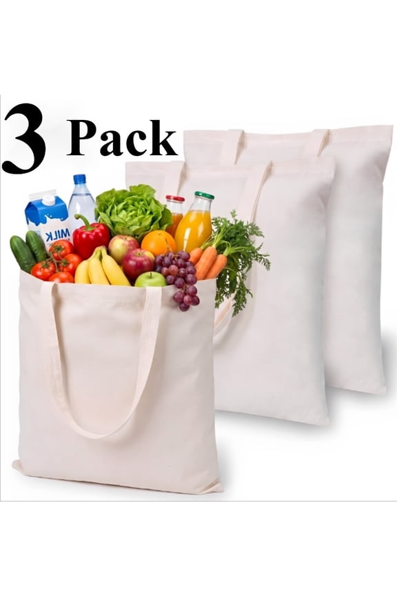 Plain Cotton Cloth Tote Bags, White Blank, 13.7x15.7 Inch, 3 Pcs Reusable Shopping Bags