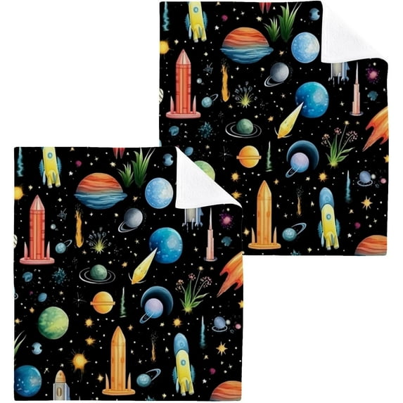 2 Pack Planet Flyer Pure Cotton Washcloths 12 x 12 Inch Reusable Absorbent Soft Cotton Face Towels Fingertip Towels Set for Gym Towels,Hotel and Spa Wash cloth
