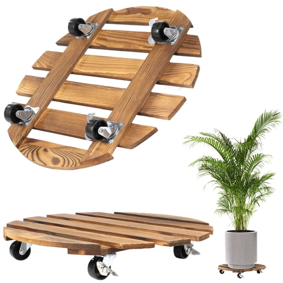 2 Pcs 15.7" Plant Caddies, Wooden Plant Stands with 360° Rolling Wheels, Heavy Duty Plant Rollers with Lockable Casters, Round Flower Pot Stands for Indoor Outdoor