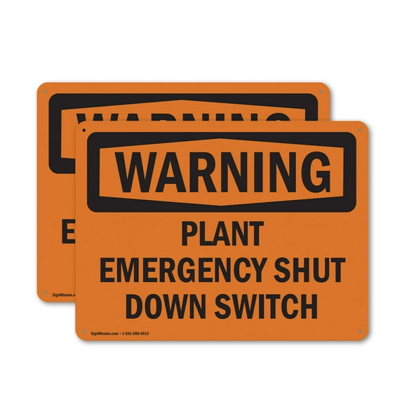 (2 Pack) Plant Emergency Shut Down Switch OSHA Warning Sign 18 Inch X 12 Inch Plastic Sign, Weather Resistant, UV Protected for Workplace, Business, and Construction Site, Made in the