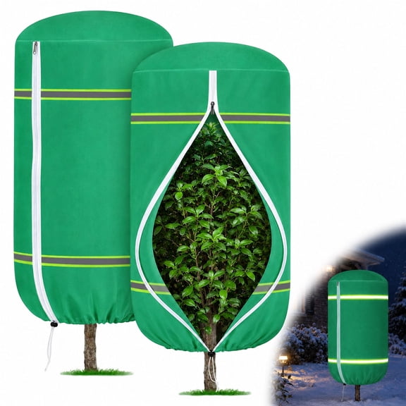 2 Pack Plant Freeze Protection Covers with Zipper & Drawstring, 70gsm Breathable Plant Covers for Winter, Frost Protection Bags for Shrubs, Trees and Potted Plants, White/Green, Multiple Sizes