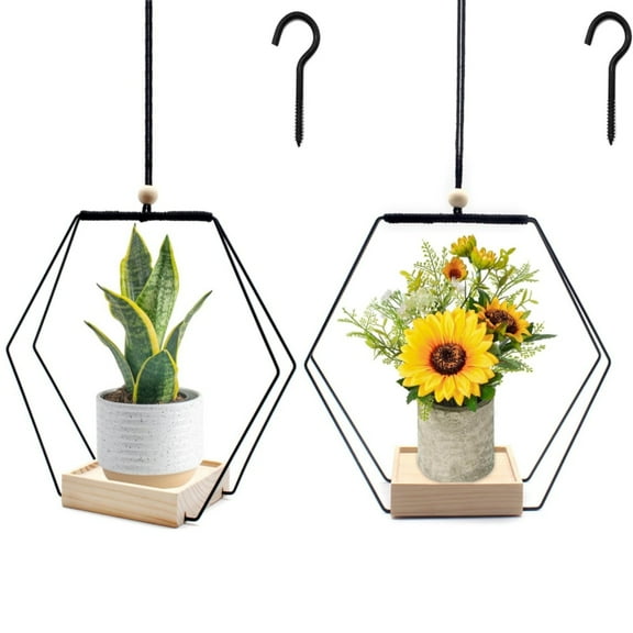 2 Pack Plant Hanger with Wood Base, Kvago Hanging Plant Holder Display Shelf for Indoor Outdoor Room Window Ceiling Home Decorations (Black, Plants/Pots Not Included)