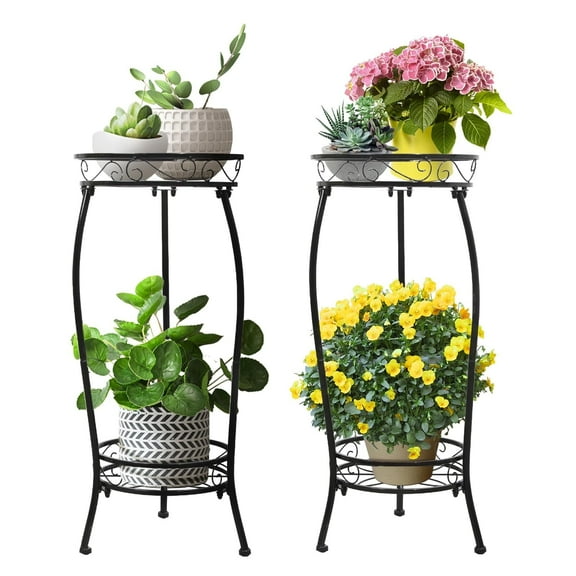 2 Pack Plant Stand Indoor Outdoor 2 Tier 27" Tall Metal Potted Holder Rack Flower Pot Stand Heavy Duty Plant Shelf Rustproof Iron Multiple Plant Round Supports Rack for Planter Corner Garden