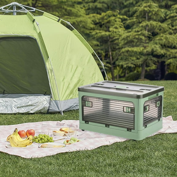 2 Pack Plastic 4 Doors Collapsible Storage Bins with Lid & Wheels, 36 Liters Folding Storage Bins, Stackable Multifunctional Box for Camping Clothes Snack Storage