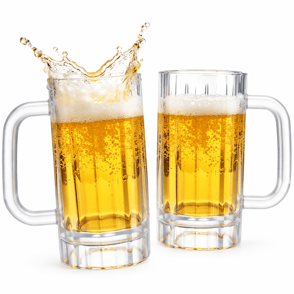 2 Pack Plastic Beer Mugs, 16 oz Clear Tall Freezer Mugs with Handle