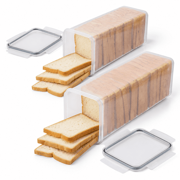 2 Pack Plastic Bread Box Containers with Airtight Lids, Each 5.6 Qt Kitchen Storage