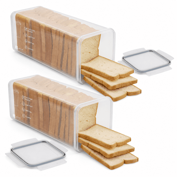 2 Pack Plastic Bread Storage Containers with Airtight Lids, Kitchen Counter Food Savers