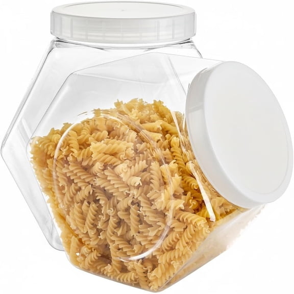 2 Pack Plastic Candy Jar with Lid, 1 Gallon Cookie Containers for Kitchen Counter, Clear Hexagon Candy Display for Snacks, Dog Treats, Craft and Sewing Supplies, Coffee Pod, Laundry Pod