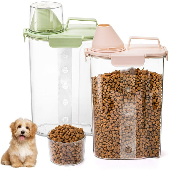 2 Pack Plastic Cat Dog Food Storage Container, 3 to 5Lbs Airtight Rice Bin with Pour Spout and Measuring Cup, Portable Travel Pet Food Dispenser for Small Animals, Bird Seed, Dry Food, Flour