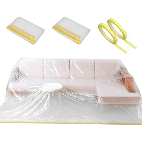 2 Pack Plastic Couch Cover & 2 Pack Battery Tape, Furniture Covers, Waterproof Couch Cover, Extra Large Plastic Tarp Couch Covers for Sectional Sofa L Shape, Storage Moving Supplies