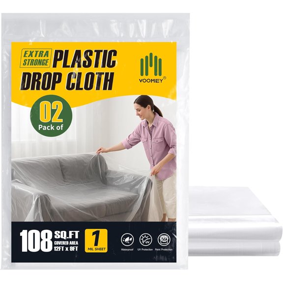 2-Pack Plastic Drop Cloth 9x12 Feet - Waterproof and Clear Drop Cloth for Painting Sheet - Plastic Sheeting - Furniture Protection, and Floor Covering