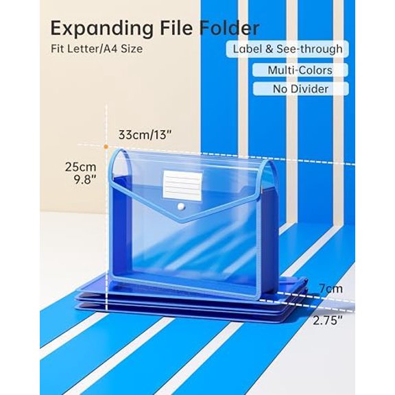 2 Pack Plastic Expanding File Folder, Transparent envelopes with Snap Closure, Fit Letter/A4 Size for School/Office/Home/Hospital, No Dividers, Large Capacity(Blue)