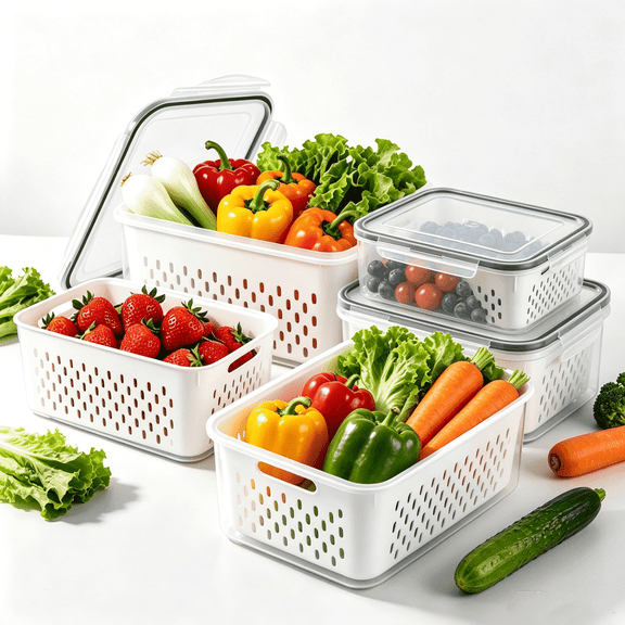 2 Pack Airtight Food Storage Containers with Colander, Plastic Produce Keepers for Fridge, Vegetable and Fruit