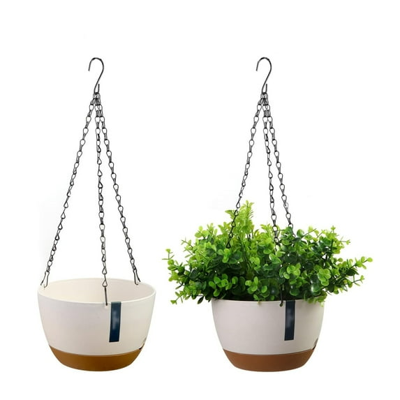 2 Pack Plastic Hanging Planters Set, 8 Inch Hanging Flower Plant Pot with Drainage Hole, Round Hanging Basket with Removable tray for Home Garden Porch Balcony Patio Decor, White