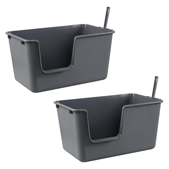 2-Pack Plastic High Sides Cat Litter Box with , Open Litter Box Basin, Grey