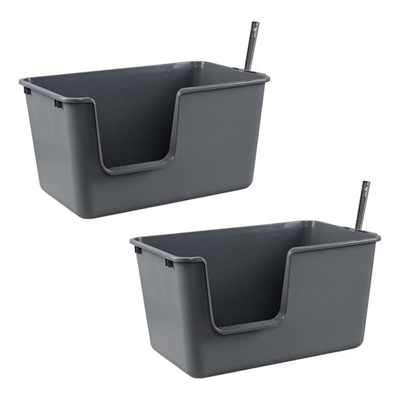 2-Pack Plastic High Sides Cat Litter Box with , Open Litter Box Basin, Grey