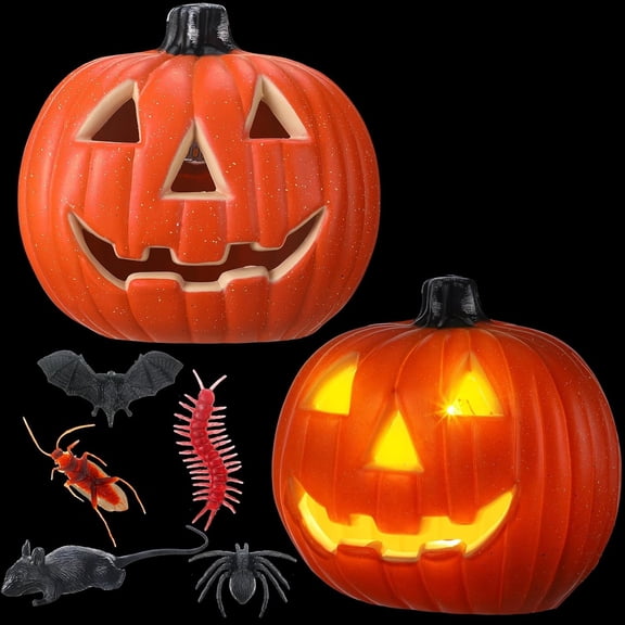 2 Pack Halloween Pumpkin Lights Decor, Jack O Lantern with Bugs | Halloween Pumpkin Decor, Lighted Jack O Lantern, Battery Operated, for Outdoor Indoor, Plastic Spider Bat Roach Centipede