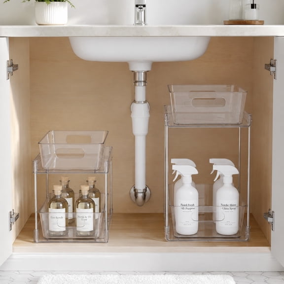2 Pack Plastic Larger Higher Bathroom Kitchen Under Sink Organizer Storage Container Bin