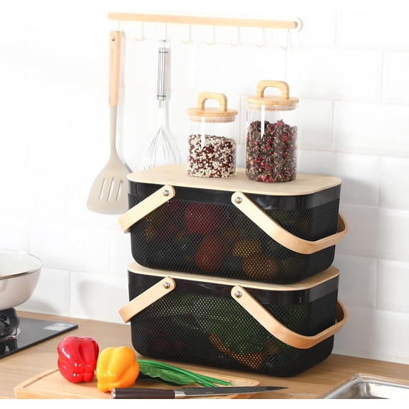 2 Pack Plastic Mesh Baskets with Wood Handle and with Lids Black Garden Harvest Basket Mesh Fruit Vegetable Storage Bins for Gathering Vegetables Pantry Kitchen Garden Picnic Organizer
