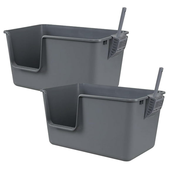 2-Pack Plastic Open Litter Box, High Sides Cat Litter Pan with , Grey
