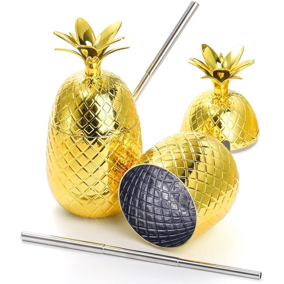 2 Pack Plastic Pineapple Drink Cups, 16 OZ Gold Pineapple Tumbler with Stretched Straw, Hawaiian Luau Party Cups for Cocktail, Juice, Beer, Tiki Cups for Hawaiian Party Favor Decorations