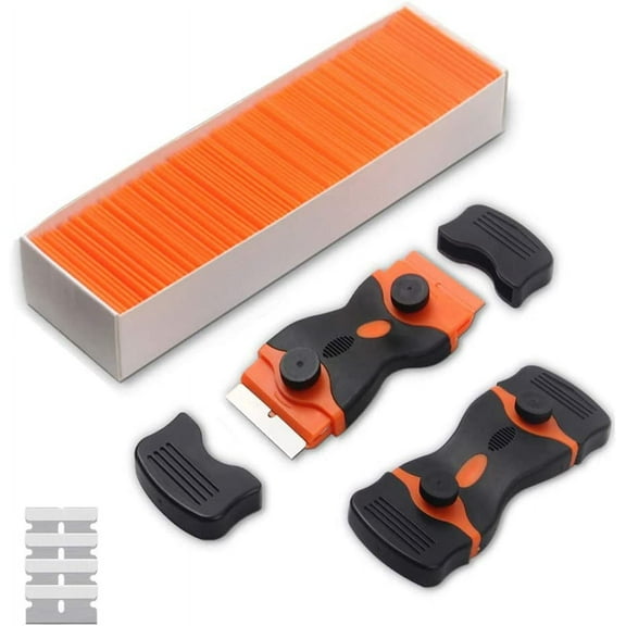 Plastic Razor Blades Scraper Include 2PCS Scraper Tool and 100PCS Blades and 4PCS Refill Blades for Gasket Remover, Labels Decals, Adhesive Remover for Windows and Glass