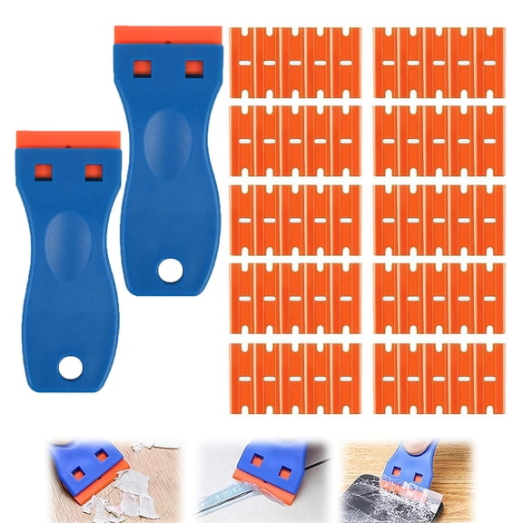 2 Pack Plastic Razors Blades Scraper with 50 Replacement Blades, Non-Scratch Safety Tool for Removing Stickers, Decals, Adhesive Residue, Vinyl, Labels from Glass, Cars(Blue)