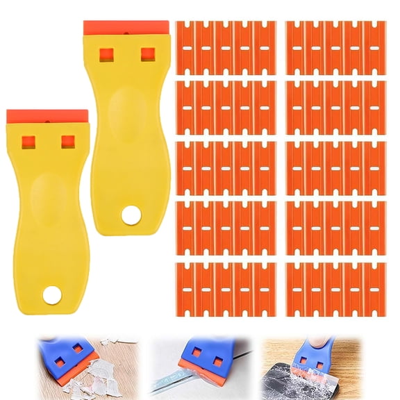 2 Pack Plastic Razors Blades Scraper with 50 Replacement Blades, Non-Scratch Safety Tool for Removing Stickers, Decals, Adhesive Residue, Vinyl, Labels from Glass, Cars(Yellow)